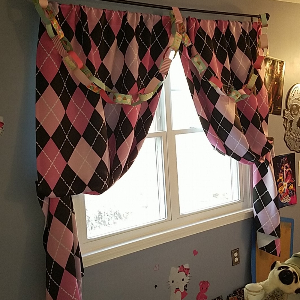 Pink lavender black Argyle curtains / Double